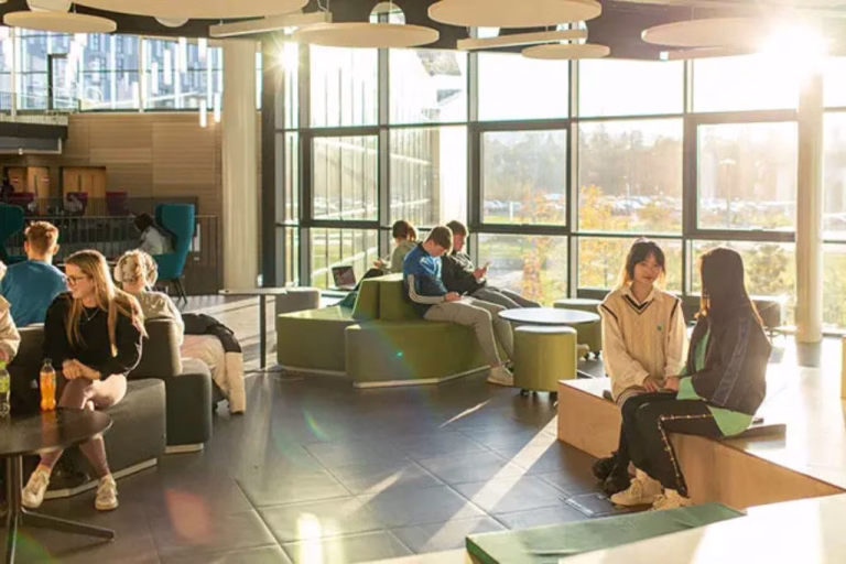 Students sitting in a study room chatting